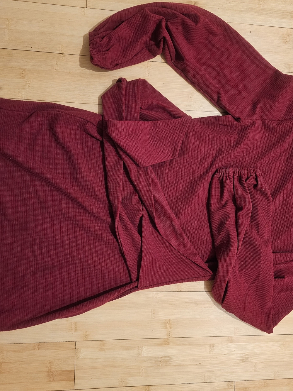 Off-Shoulder Long Sleeve Ribbed Dress in Wine